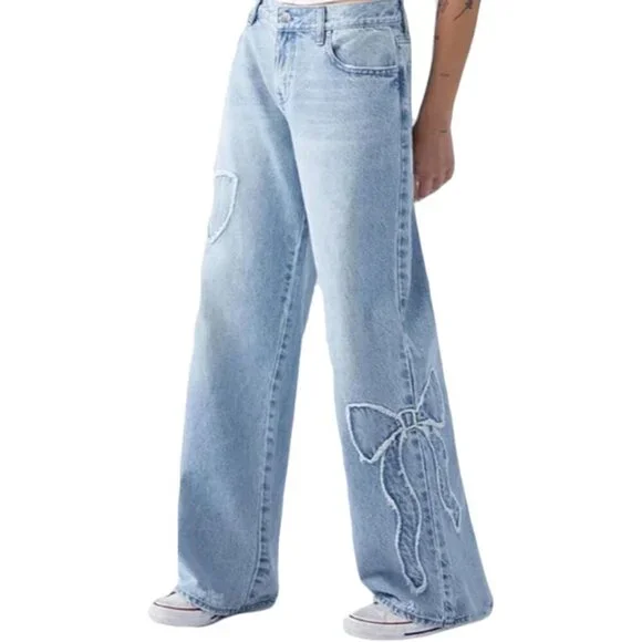 Women's High Rise Straight Leg Denim Jeans Recycled Fiber Embroidery - Picture 1 of 6